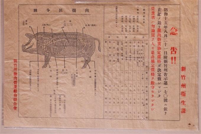 新竹州衛生課通告豬肉販賣業者遵守協定價格單 (共1張)