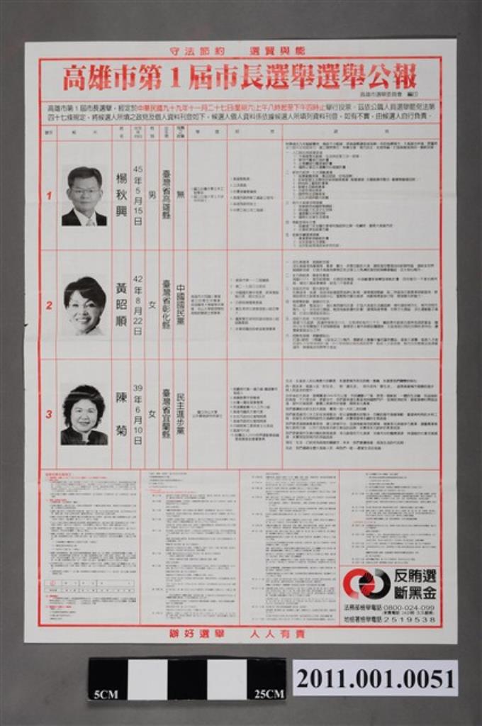 高雄市選舉委員會編印《高雄市第1屆市長選舉選舉公報》 (共2張)