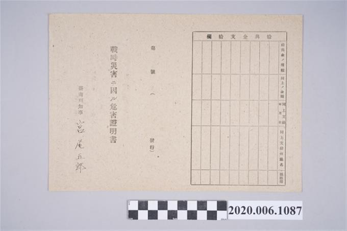 1945年5月1日近藤寬治郎之戰時造成的意外災害證明書與交付申請書 (共5張)