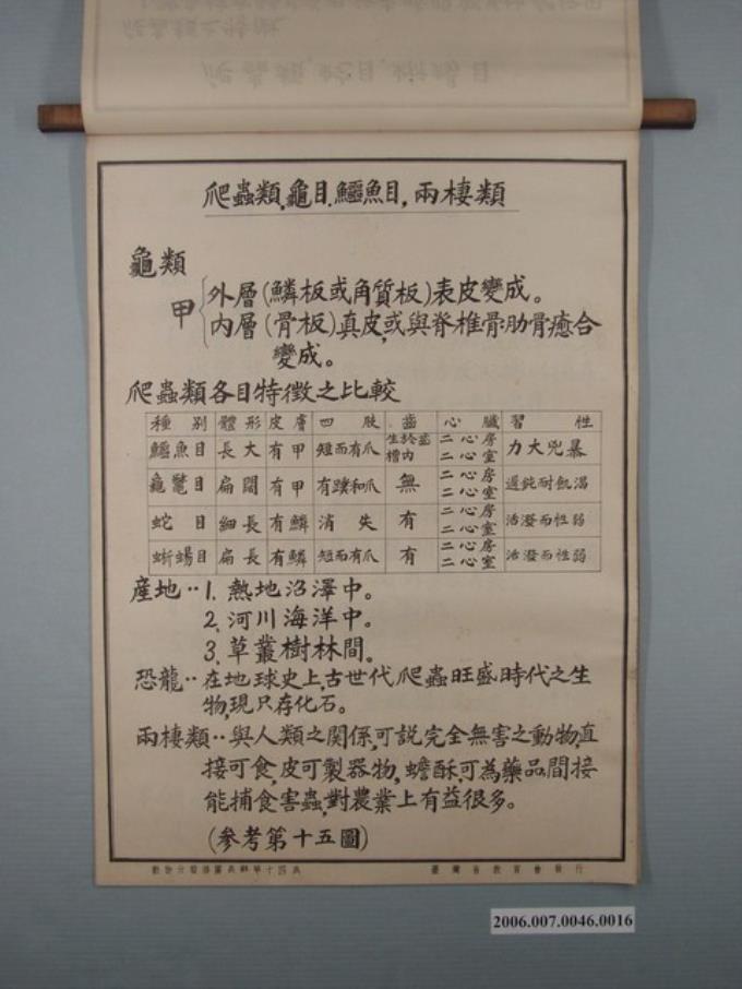 臺灣省教育會發行《動物分類掛圖表解》之爬蟲類與兩棲類 (共1張)