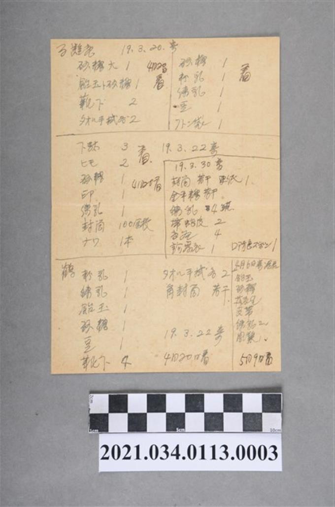 蘇百齡昭和20年3月1日寄蘇長齡包裹清單 (共3張)