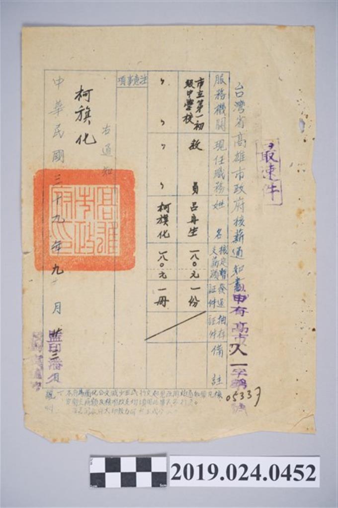 1950年9月23日柯旗化臺灣省高雄市政府核薪通知書 (共2張)