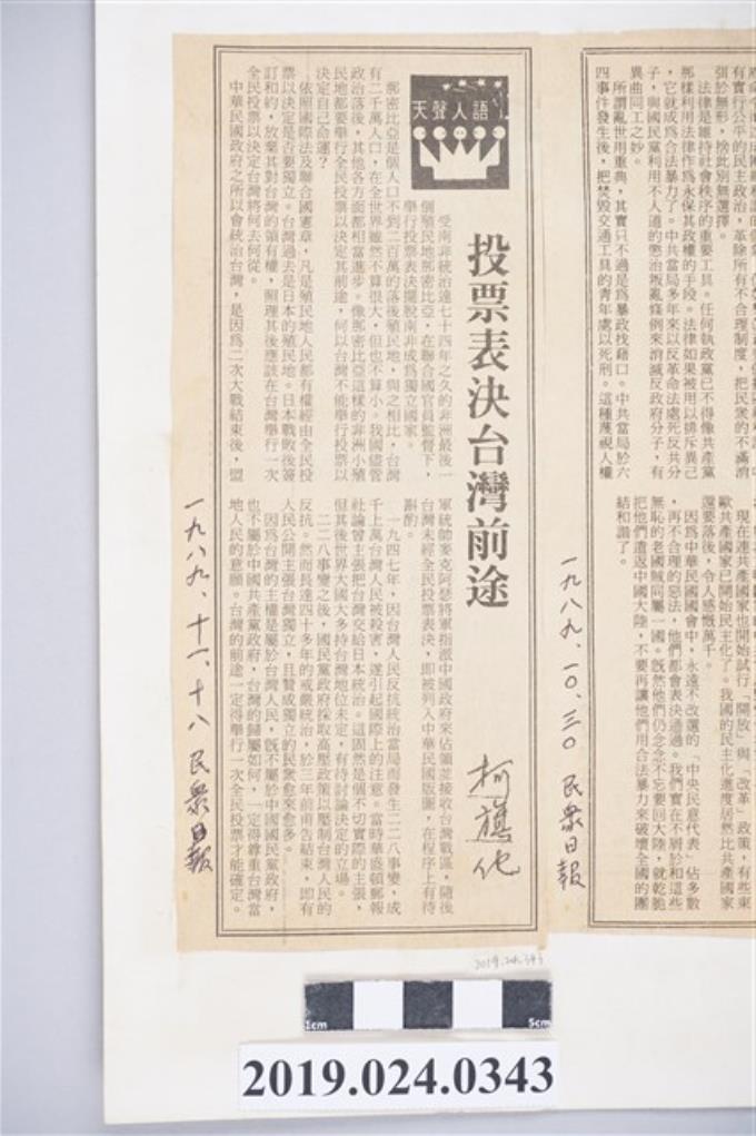 1989年11月18日《民眾日報》刊登柯旗化文章〈投票表決台灣前途〉剪報 (共2張)