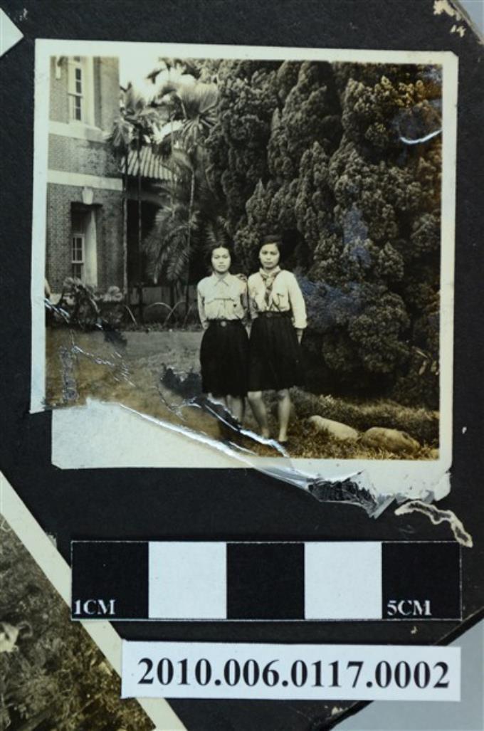 兩位女子站立於樹叢旁合影之照片 (共1張)
