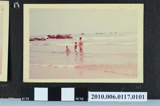 一男子與三位孩童在海邊戲水的照片 (共1張)