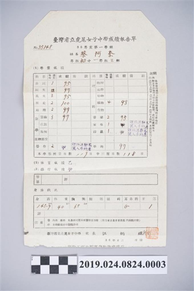 蔡阿李35年度第1學期省立虎尾女子中學成績通知單 (共2張)