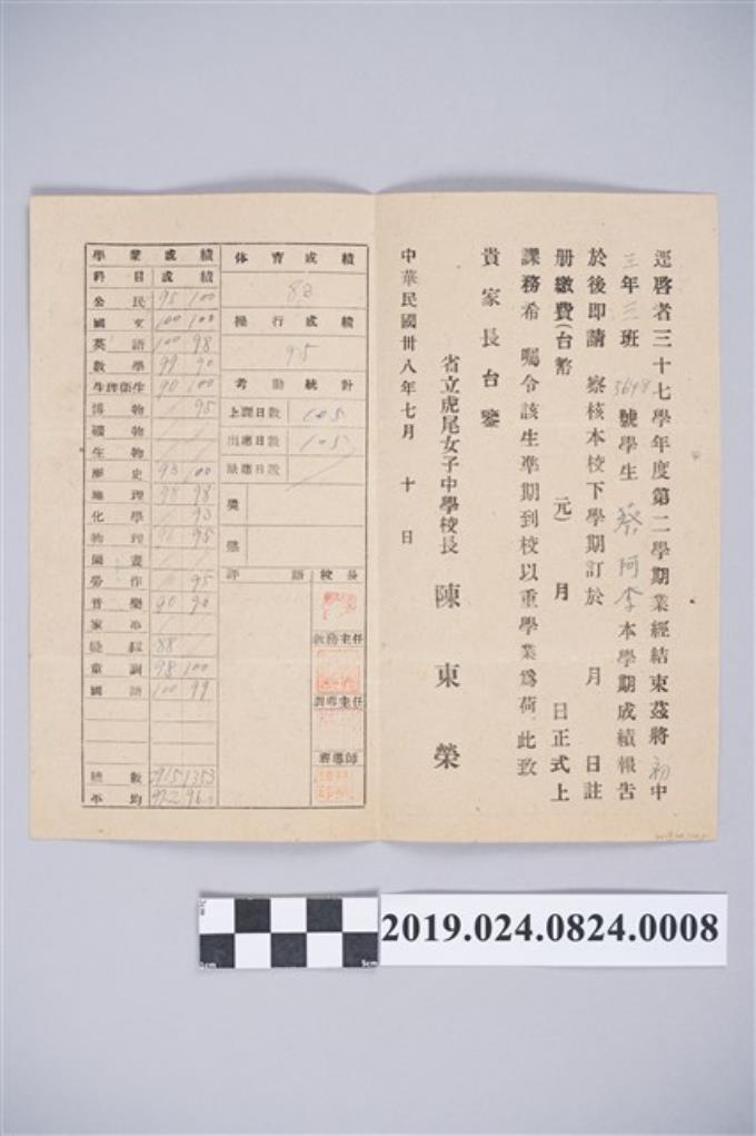 蔡阿李37年度第2學期省立虎尾女子中學成績通知單 (共1張)