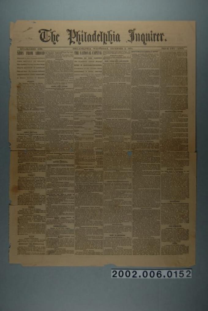 《費城詢問報》1874年12月2日散頁 (共3張)