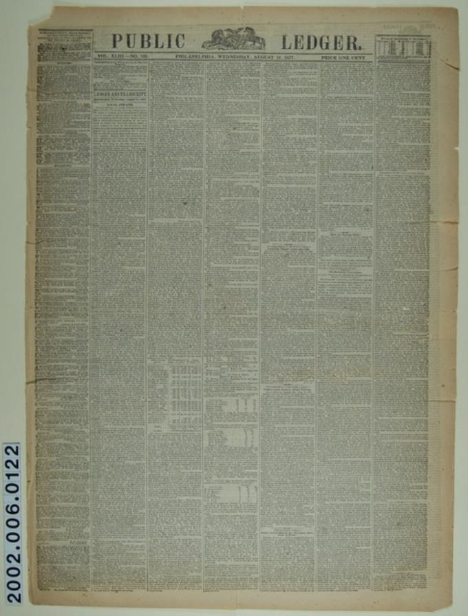 1857年8月19日費城《公眾記錄報》散頁 (共2張)