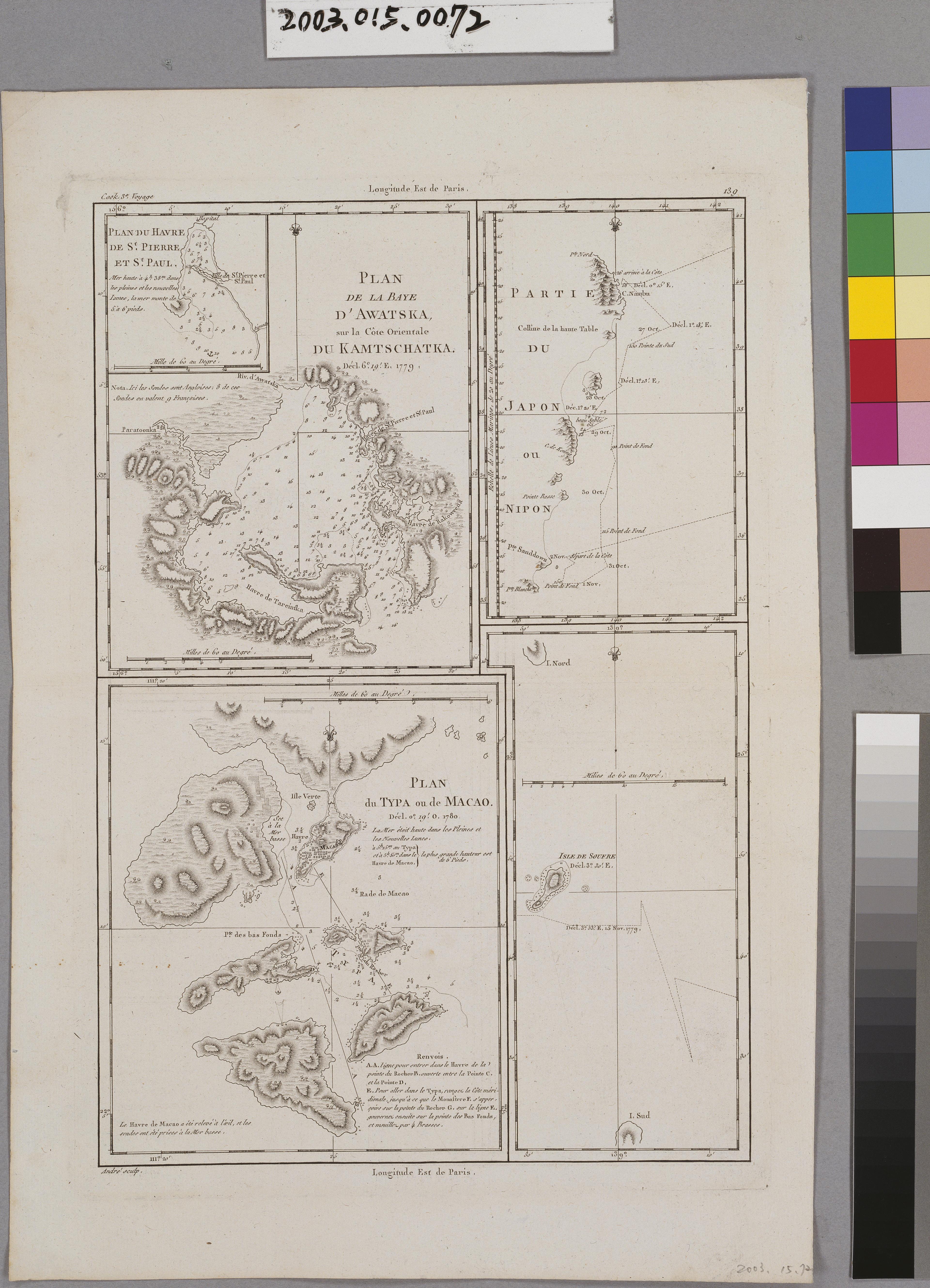 Rigobert Bonne〈堪察加東海岸〉與〈澳門〉與〈日本局部地區〉與〈硫磺島〉等海圖4幅 (共1張)